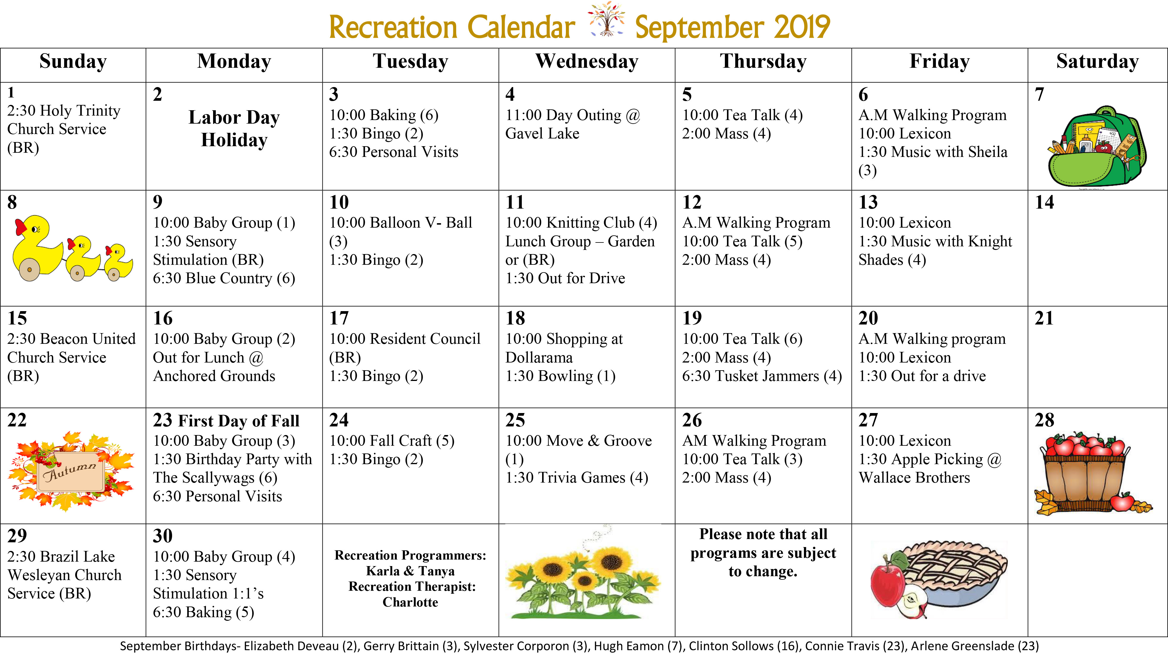 September Recreation Calendar
